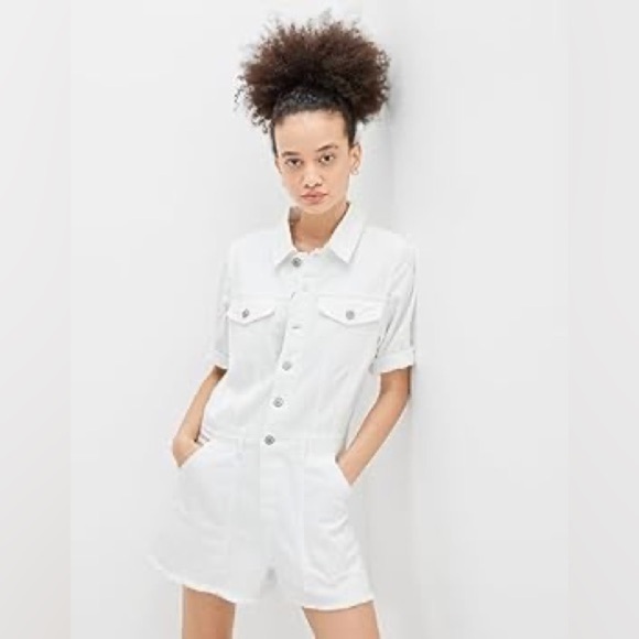American Eagle - White Denim Coverall Button Down Short Sleeve Short Romper Med - Picture 1 of 14